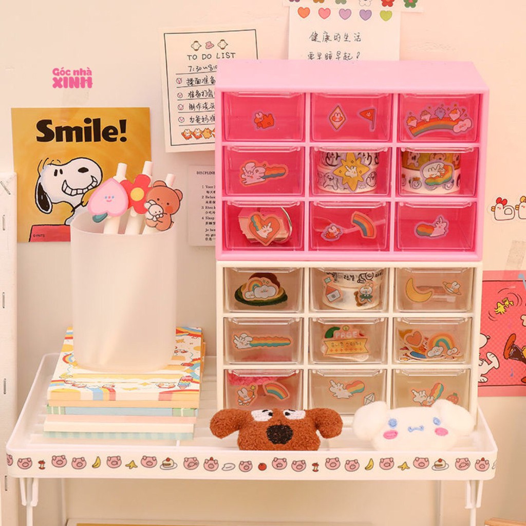 Tủ Nhựa Mini, Hộp Đựng 9 Ngăn Để Bàn Nhỏ Gọn, Xinh Xắn Tặng Kèm Sticker