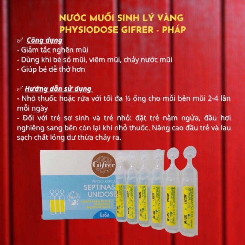 Nước Muối Sinh Lý Gifrer - Physiodose Pháp Tép Hồng/ Xanh/ Vàng Cho Bé Từ Sơ Sinh