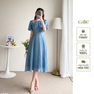 Váy Đầm Midi Cổ yếm chiết eo váy đi tiệc Calie thiết kế thanh lịch VM045