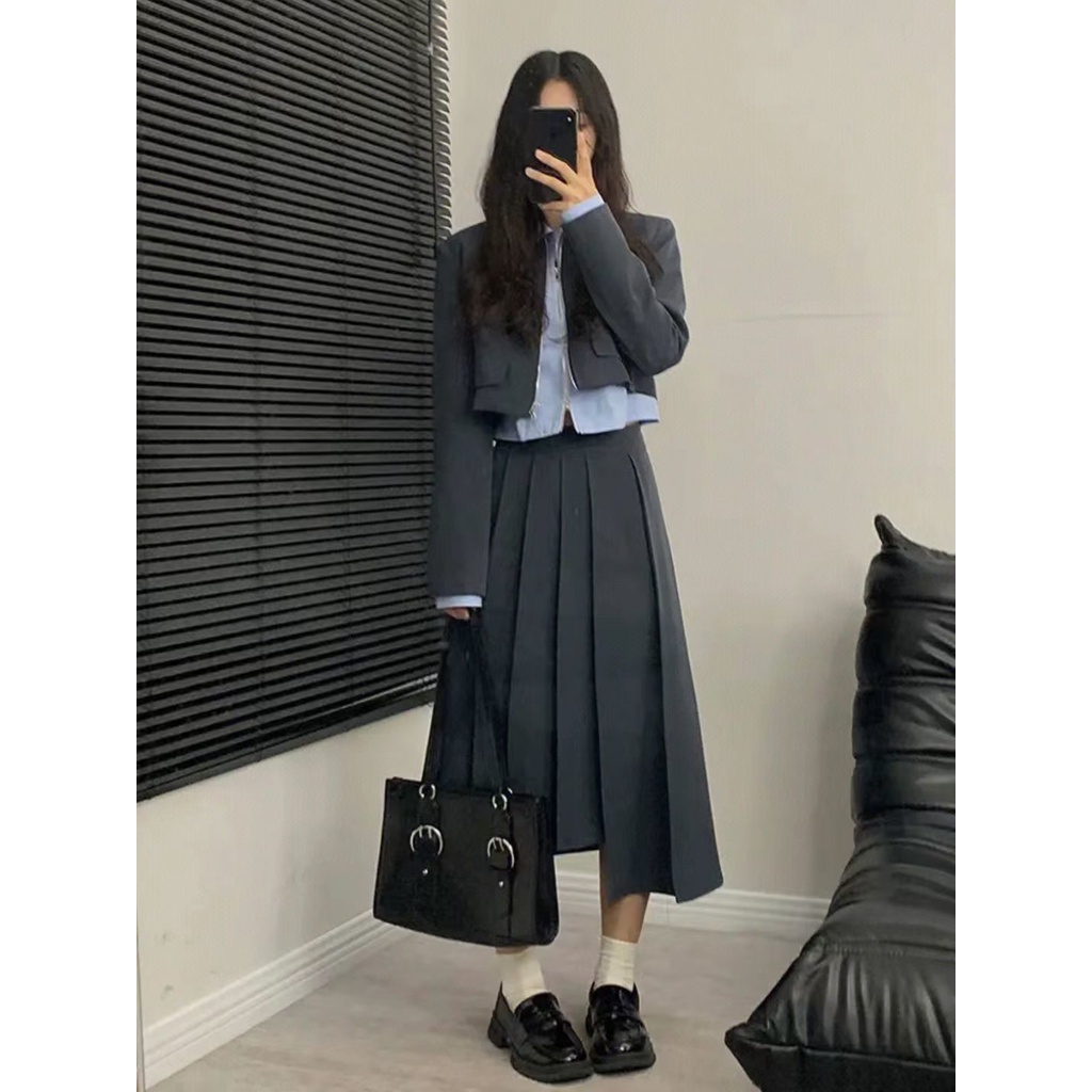 Set Áo Sơ Mi Cổ Bẻ Phối Chân Váy Thời Trang Phong Cách Phương Tây Thanh Lịch Cho Nữ