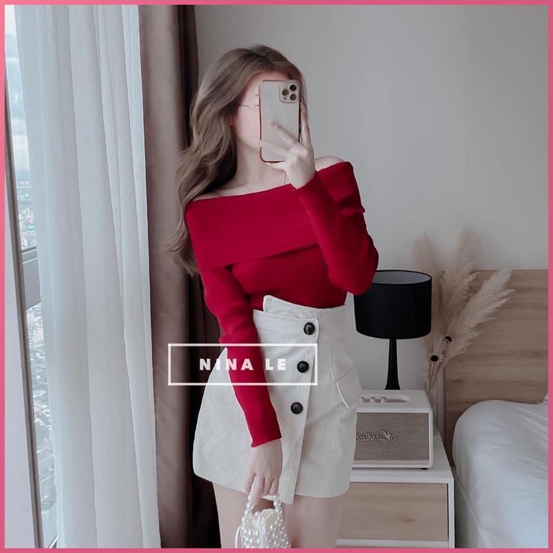 Set Váy Áo Crotop NADO Chân Váy Nhung Tăm Và Áo Trễ Vai Nữ Đỏ KemTay Dài Len Gân Mặc Tết Đẹp Thời Trang Dưới 53kg .