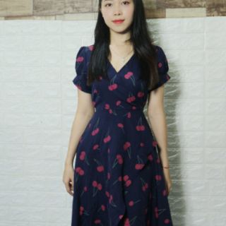 Đầm cherry xanh đen form dài( Kèm ảnh thật)