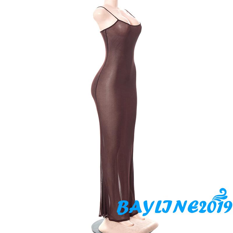 Bay-Women’s Casual Suspender Long Dress Fashion Perspective Mesh Yarn Backless Skinny Dress