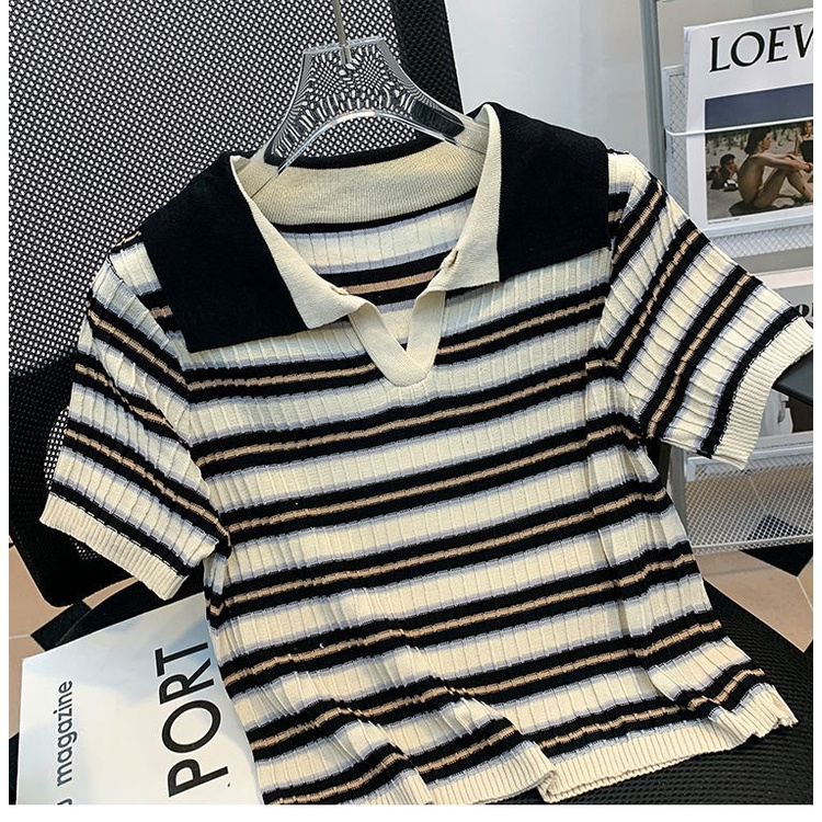 Áo Thun polo Họa Tiết Kẻ Sọc Phong Cách retro Thời Trang Mùa Hè Mới