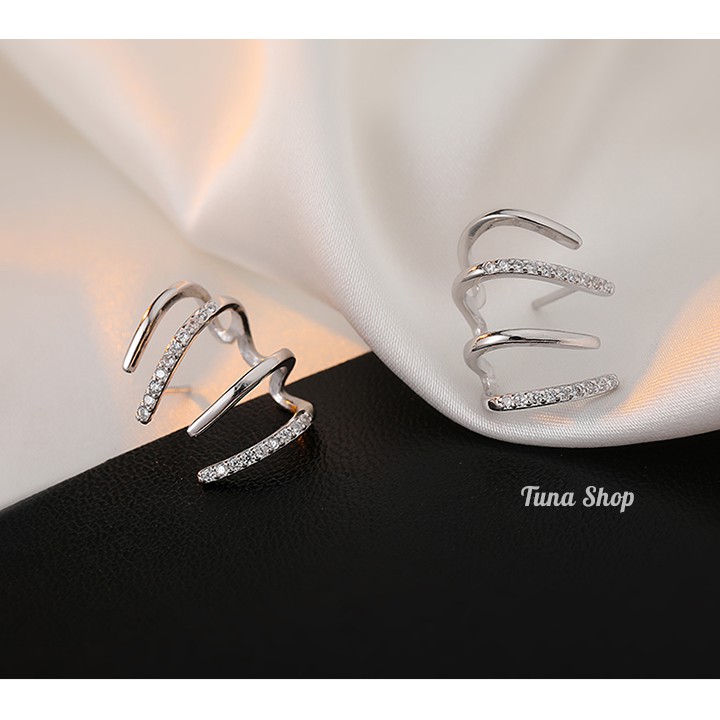 Khuyên tai bạc nữ, bông tai bạc gắn đá, Khuyên tai cá tính kẹp vành tai TUNA SILVER