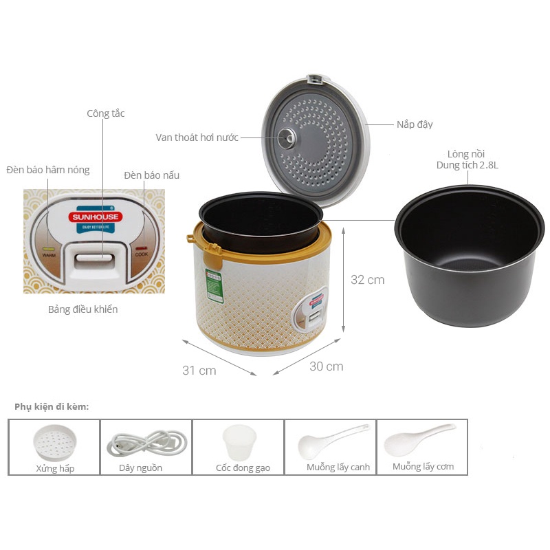 Nồi cơm nắp gài Sunhouse SH 830  - Bảo hành  12 THÁNG