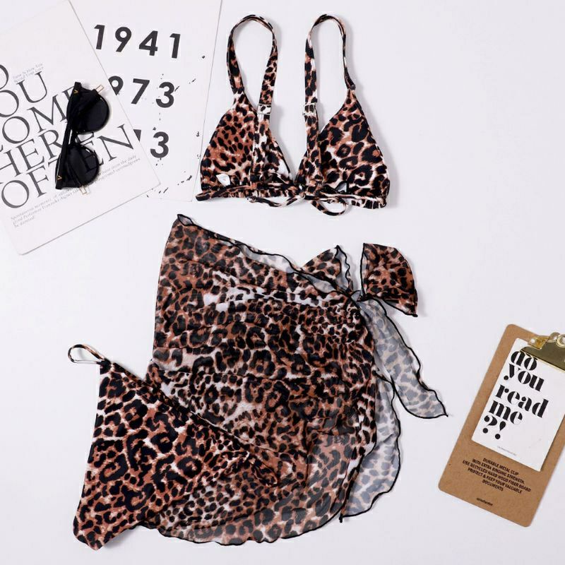 Set Bikini Tam Giác 3 Mảnh Da Beo Kèm Váy Xuyên thấu Sexy