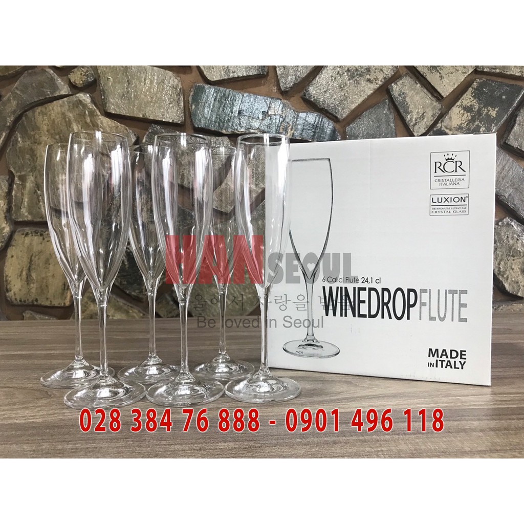 Bộ 6 ly pha lê rượu champagne RCR của Ý dòng Luxion ® Winedrop FLUTE 241ml (Goblet for Champagnes)