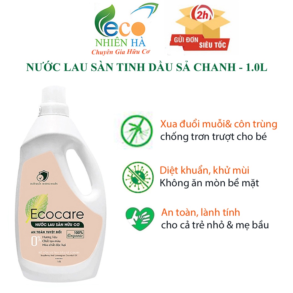 Nước lau sàn ECOCARE 1L tinh dầu sả chanh, nước lau nhà đuổi muỗi, chống trượt cho bé