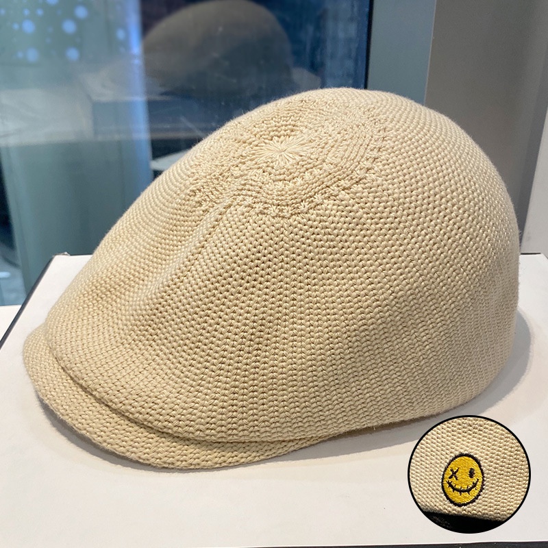 Mũ nồi thoáng khí thêu hình mặt cười thời trang Hàn Quốc cho nữ