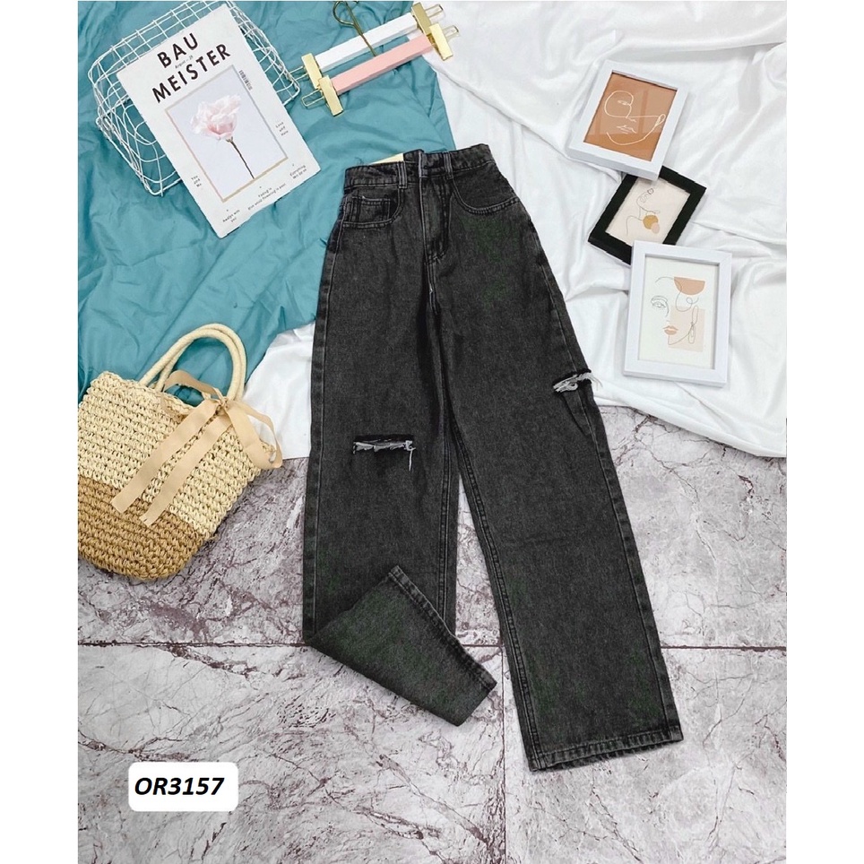 Quần jeans ống suông rộng rách gối OR3157