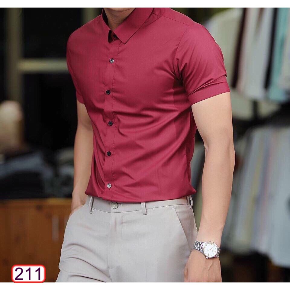 Áo Sơ Mi Nam Ngắn Tay Hàn Quốc 211 Cổ Bẻ Vải Lụa Chống Nhăn Cực Đẹp - Hazo