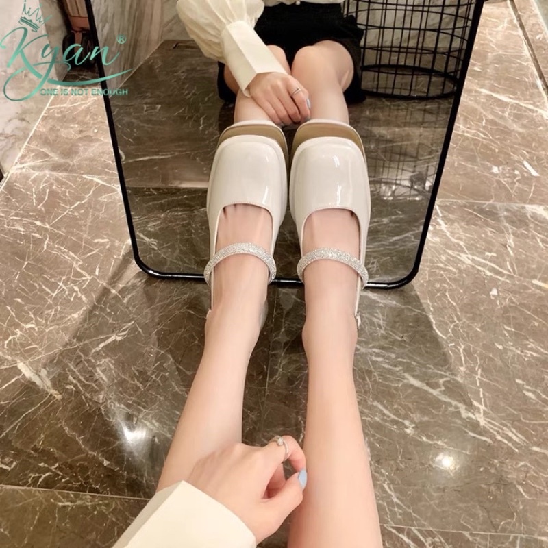[ Hoả Tốc ] Giày Cao Gót Mũi Tròn, Giày Mary Jane, Gót Cao 5cm, Quai Hậu, Hở Gót, Đính Xoàn Hot Trend KYAN00122