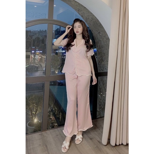 Bộ Đồ Pijama – Bộ Lụa latin viền sóng tay cộc quần dài [Hàng Đẹp, Lụa Mát Mịn]  Không Nhăn, Không Bai Giãn