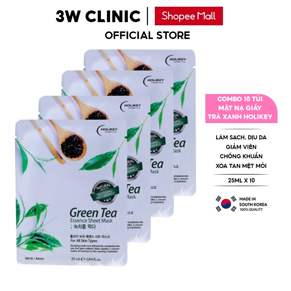 Hộp 10 Túi Mặt Nạ Giấy Dưỡng Da HOLIKEY Hàn Quốc Chiết Xuất Từ Trà Xanh Ngừa Mụn &amp; Làm Trắng 25mlx10