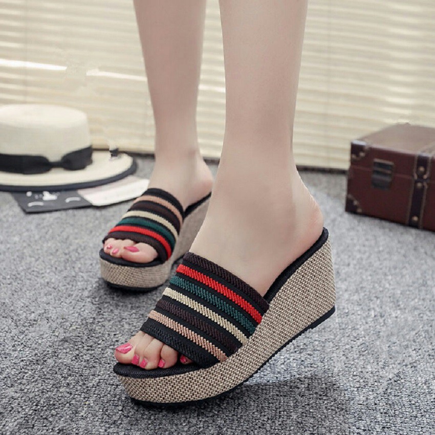 Dép đế xuồng nữ ngang phối sọc - Dép nữ quai thun co giãn êm chân đế xuồng cao 7cm-NA002