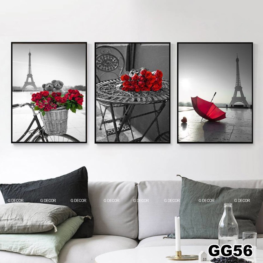 Tranh treo tường canvas 3 bức phong cách hiện đại Bắc Âu 56, tranh hoa hồng treo phòng khách, phòng ngủ, phòng ăn, spa