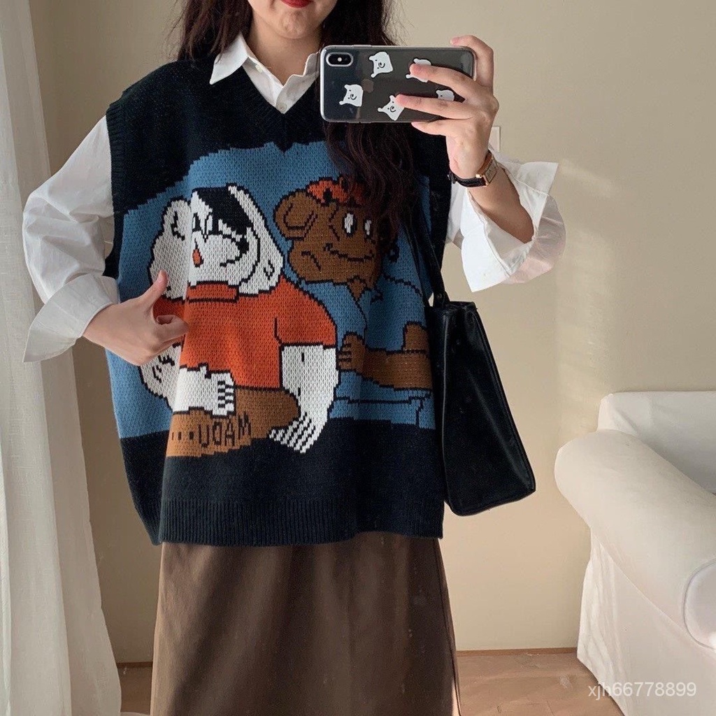 Áo Sweater Dệt Kim Sát Nách Cổ Chữ V Dáng Rộng In Hoạt Hình Thời Trang Xuân Thu 2022 Cho Nữ