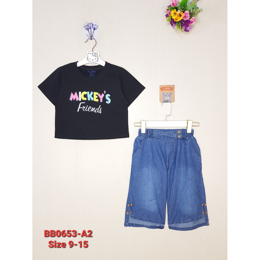 BB0653-A3 - Bộ bé gái cotton quần jean xẻ lai , in Mickeys , màu trắng  , size nhỡ 9t-15t