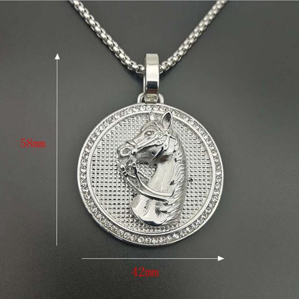 Mode Klub Malam Hip Hop Perhiasan Paduan Emas Disepuh Berlian Disc Kepala Kuda Liontin Kalung