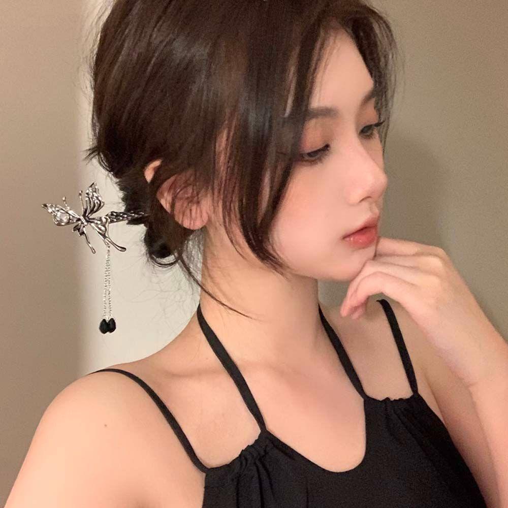 Trâm Cài Tóc VANES1 Hình Bướm Bằng Hợp Kim Đính Hạt Tua Rua Phong Cách Punk