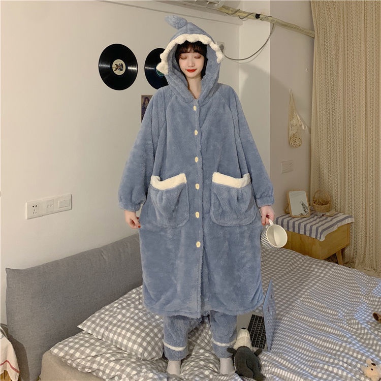 Bộ đầm ngủ + quần ngủ hình cá mập dễ thương thời trang mùa đông dành cho nữ (có bán lẻ) | BigBuy360 - bigbuy360.vn