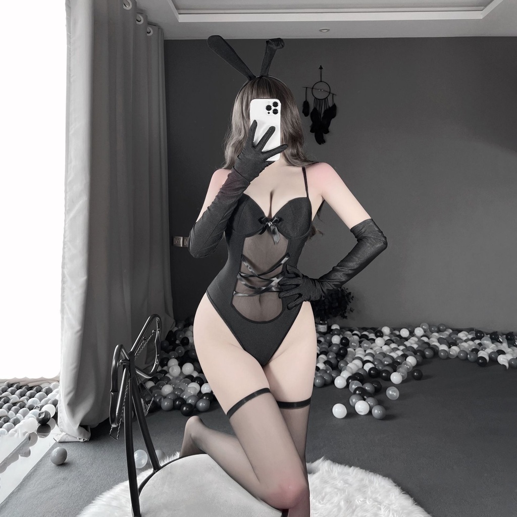 Đồ ngủ sexy đồ ngủ nữ cosplay cô thỏ ngọc sexy ren lưới hoa văn màu đen freesize QUENQUEN store a5 | BigBuy360 - bigbuy360.vn
