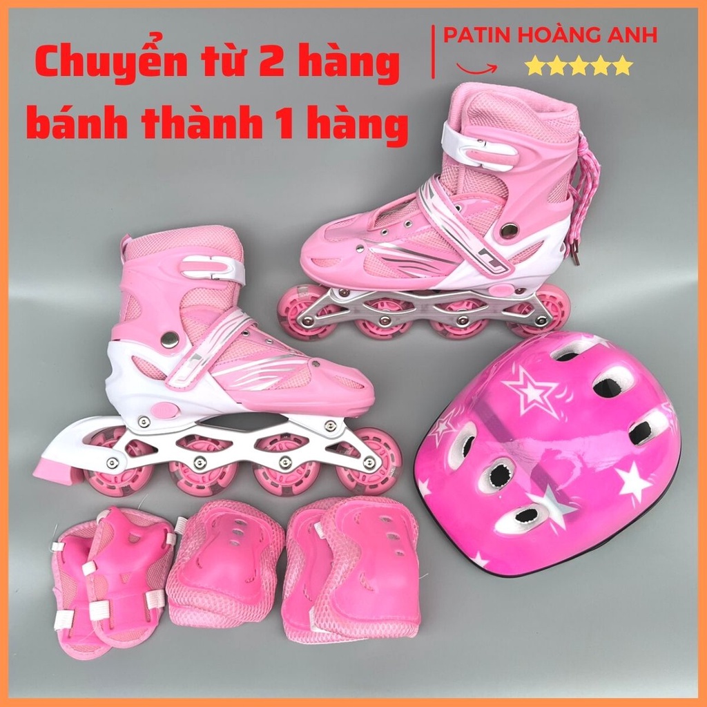 Giày trượt patin trẻ em chuyển bánh từ 1 hàng thành 2 hàng, 8 bánh sáng đèn sport, Giày điều chỉnh tăng giảm được size