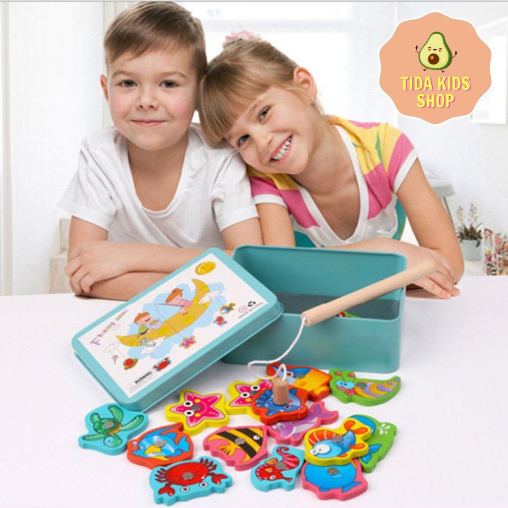 Đồ Chơi Gỗ TIDA KIDS SHOP, Đồ Chơi Giải Trí Câu Cá Nam Châm 15 Con Hộp Sắt Cho Bé Giá Tốt