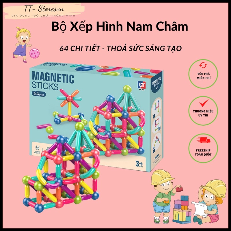 Đồ Chơi Trẻ Em Phát Triển Trí Tuệ, Bộ ghép xếp hình nam châm thông minh 64 CT - TTStoresvn