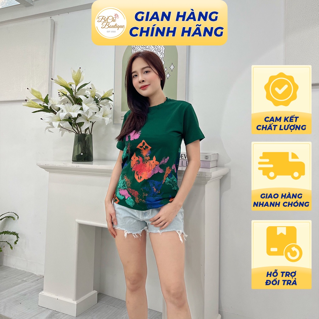 Áo thun tay ngắn cổ tròn in họa tiết Monogram vải thun mềm mịn thoáng mát dành cho nam nữ - Bichi Boutique