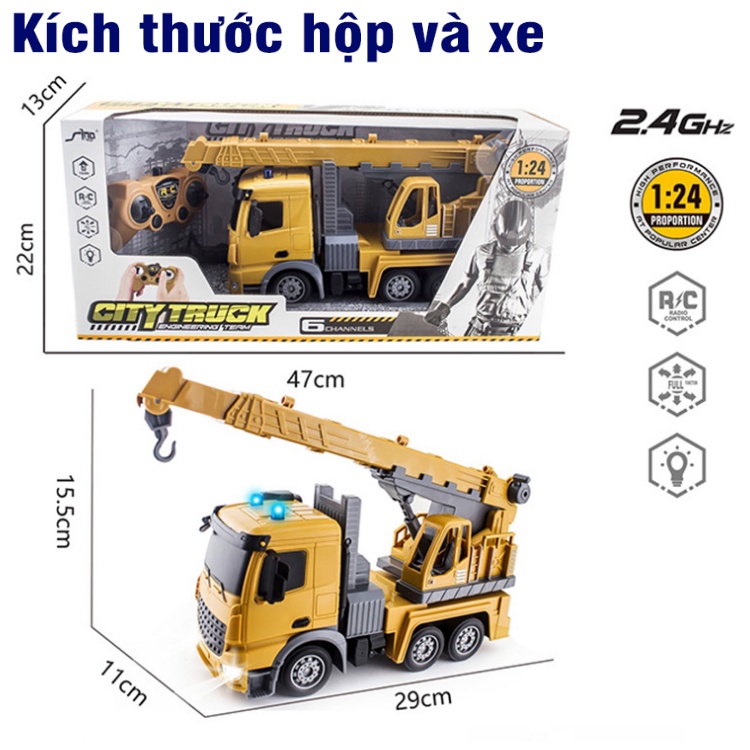 Mô hình xe cẩu điều khiển từ xa đồ chơi trẻ em tỉ lệ 1:24 - xe sóng 2.4G pin sạc 14500 3.7v kéo dài nâng hạ được móc