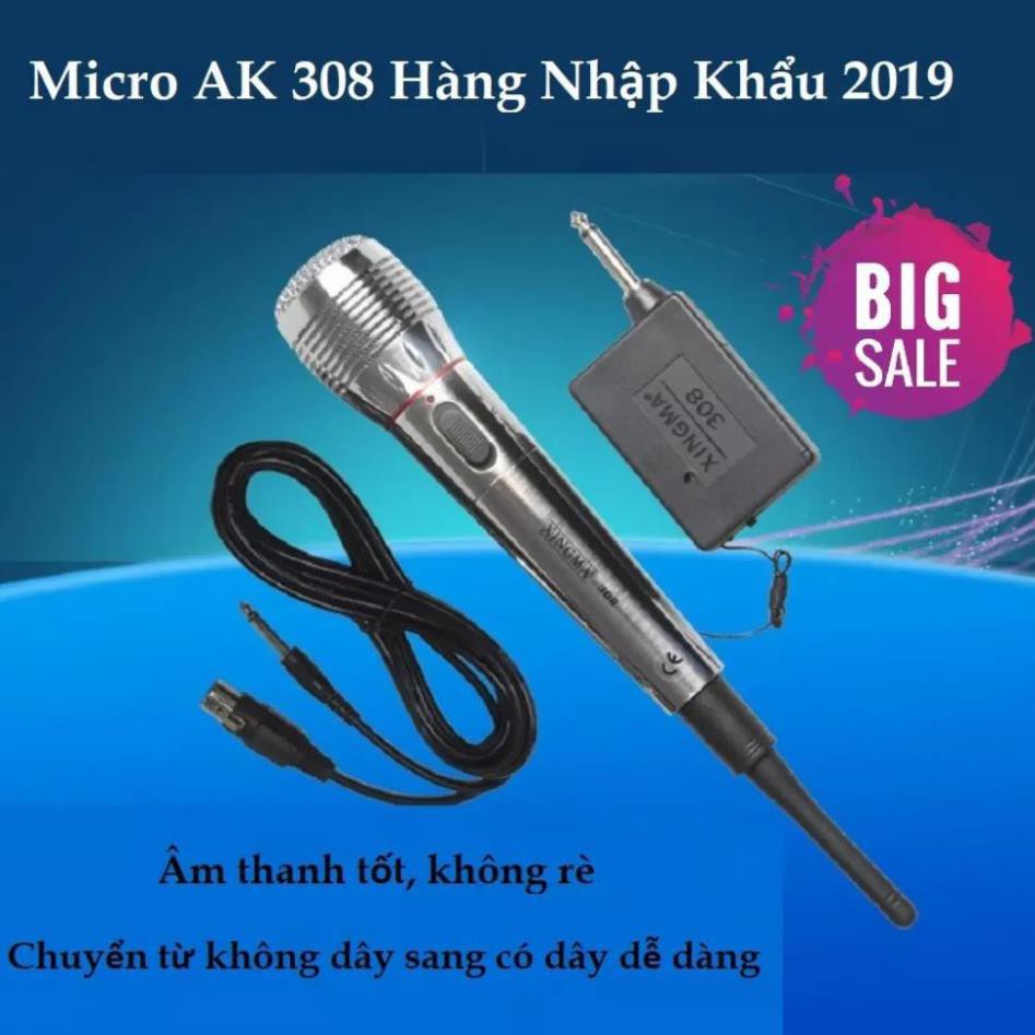 Mic không dây, Micro Không Dây Kết Hợp Có Dây AK 308 Công Nghệ 2 Màng Lọc Âm Tốt, Hát Hay - BẢO HÀNH UY TÍN