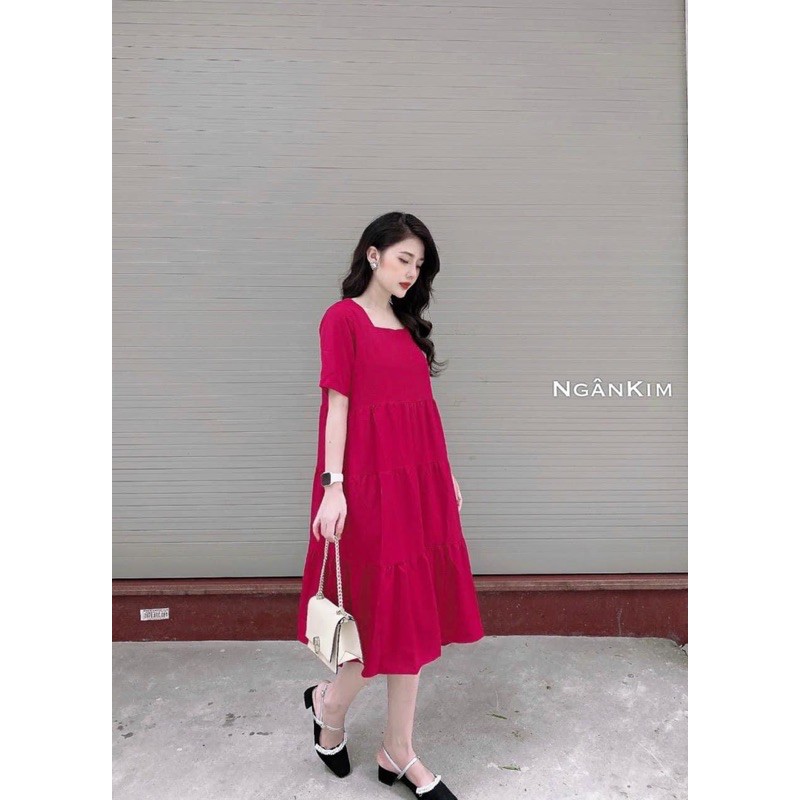 đầm suông dáng dài qua gối tay ngắn cổ tròn