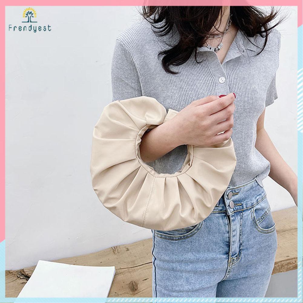 Túi xách hình tròn bằng da PU họa tiết xếp ly nhỏ màu trơn thời trang cho nữ