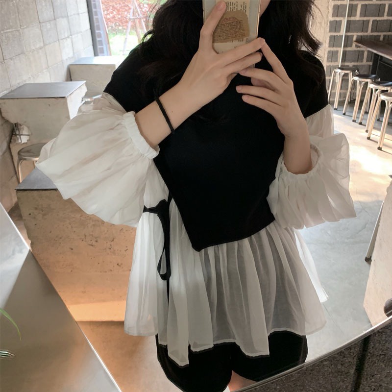 [BÁN SỈ] Áo Nữ Dáng Babydoll Phối Màu Basic Tay Dài_Lịch Sự_Xuống Phố Là Xinh