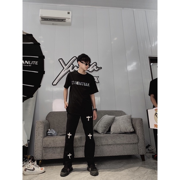 Quần Jeans chữ thập Nam phong cách Hàn Quốc Streetwear cá tính