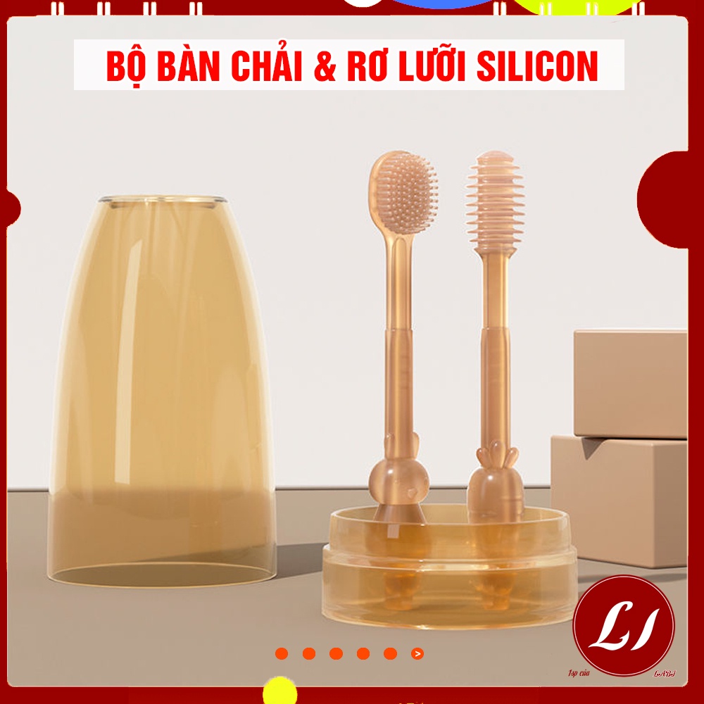 Bộ Bàn chải &amp; Rơ lưỡi silicon siêu mềm, an toàn cho bé 0- 3 tuổi ( Màu vàng)