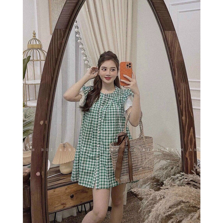 (Sale FreeShip) Đầm caro nữ from babydoll, cổ trụ tay cánh tiên phối màu dễ thương,tone xanh tôn da diện đi đâu cũng đep