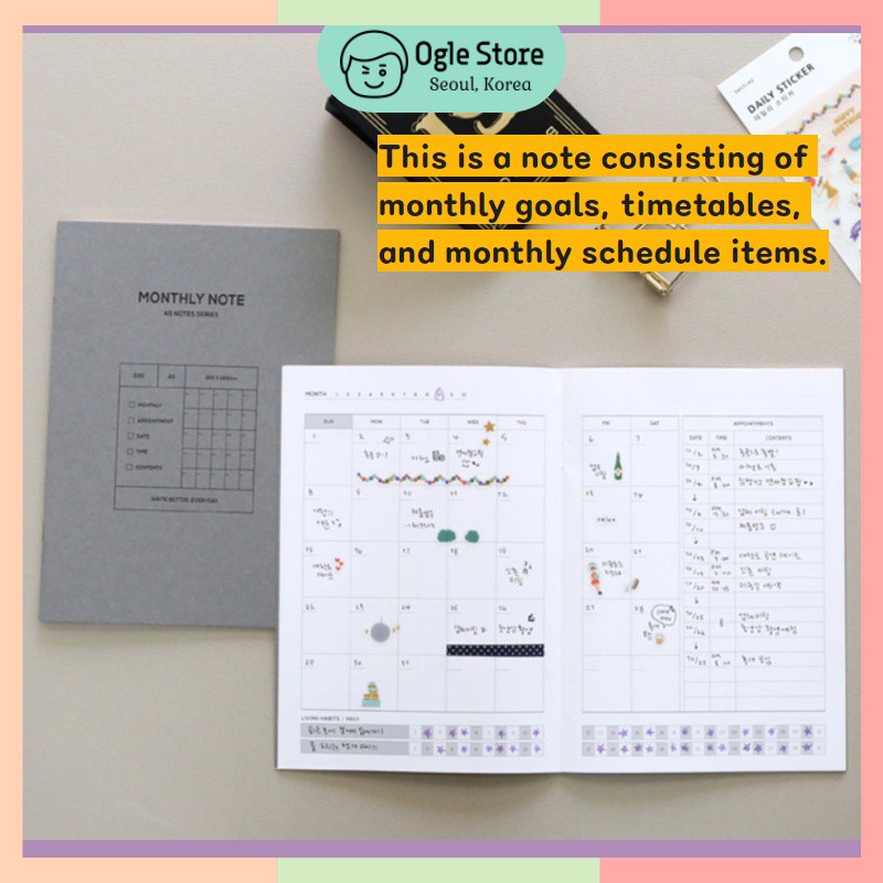 Korean Slim A5 Note Series Daily Weekly Line Grid Section Monthly Note Korean Notebook Planner Scheduler Oglestore