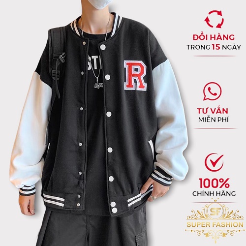 Áo Khoác Nam Super Fashion Chất Vải Nỉ Kiểu Bomber Cúc Bấm Thêu Nổi Chữ R Hot Trend