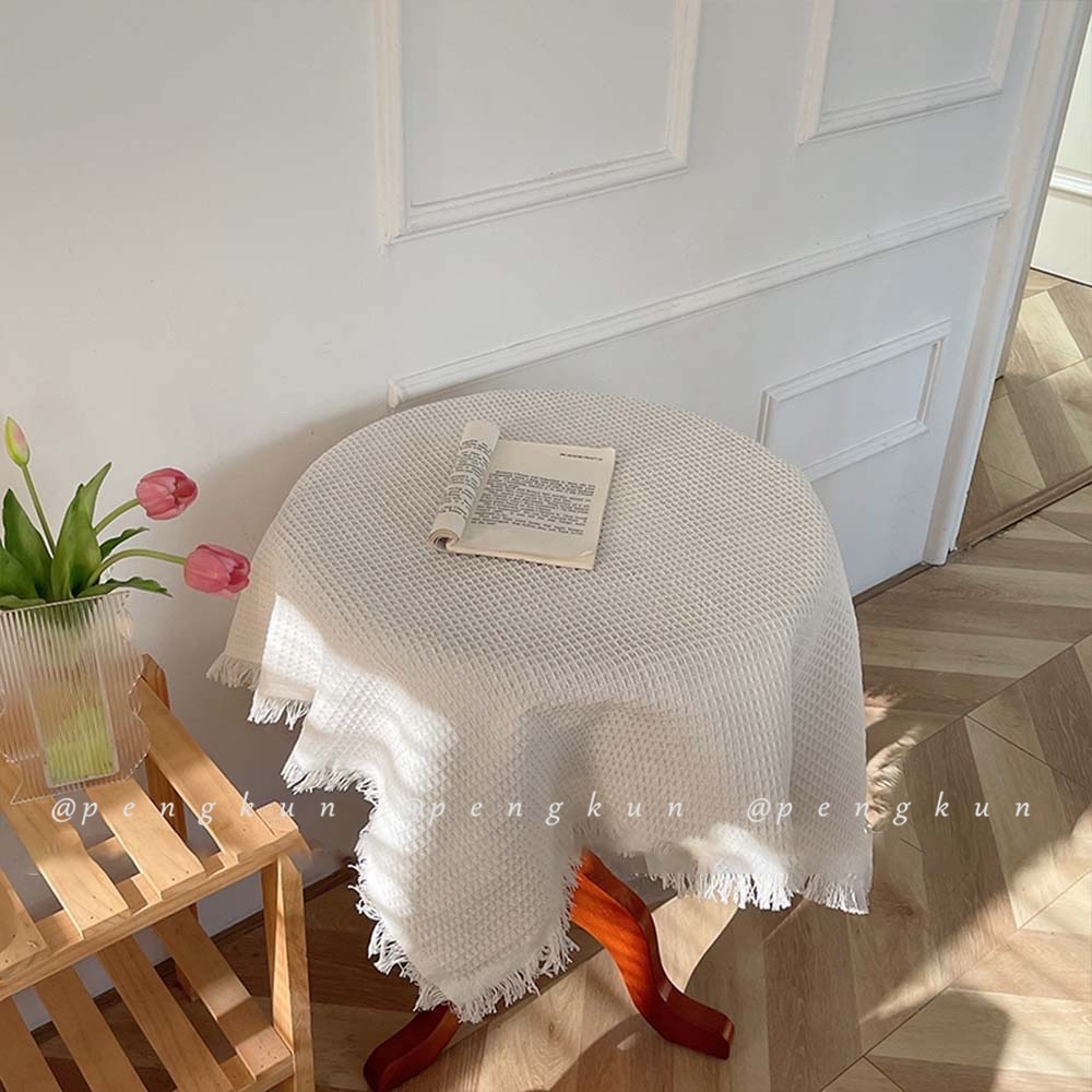 Khăn Trải Bàn Cotton Lanh Trơn Màu Mềm Mại Viền Tua Rua Phong Cách Nhật Bản