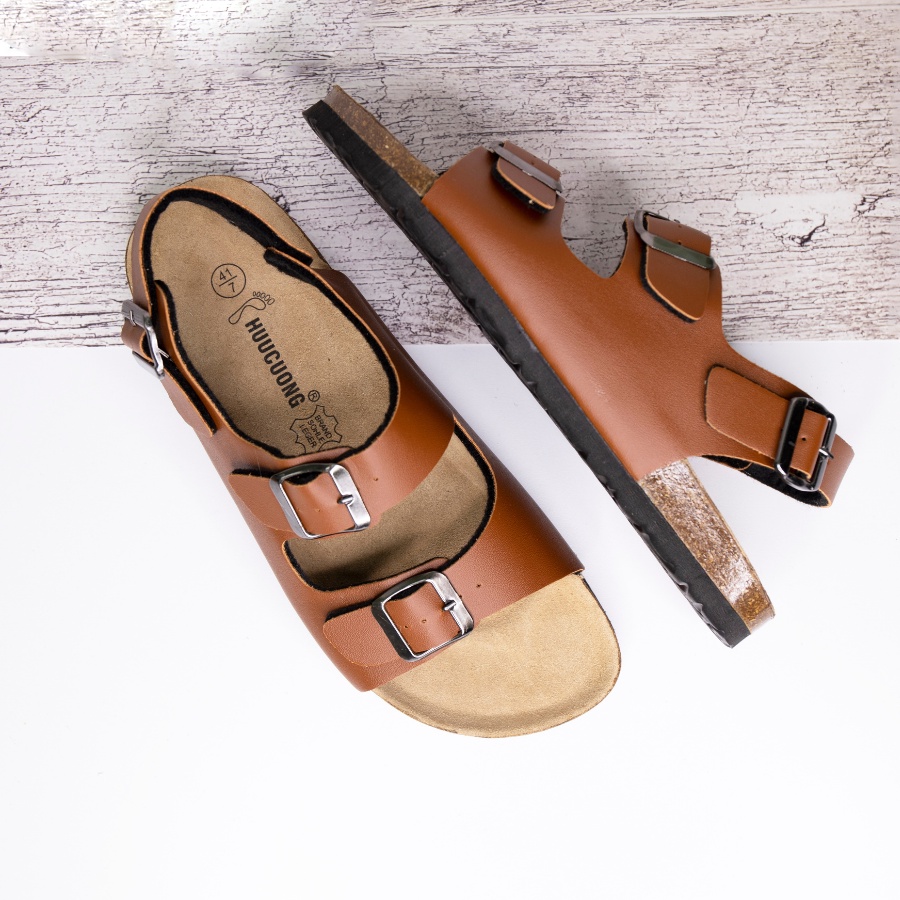 Giày Sandal unisex 2 Khóa HUUCUONG Quai Pu Màu Nâu Đế Trấu Handmade