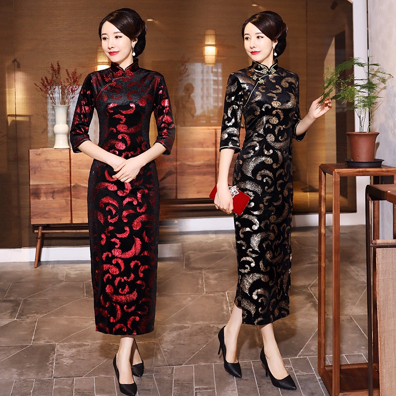 Cheongsam Dress Vintage Slim Dress Women Gold Velvet Wedding Party Long Dresses | BigBuy360 - bigbuy360.vn