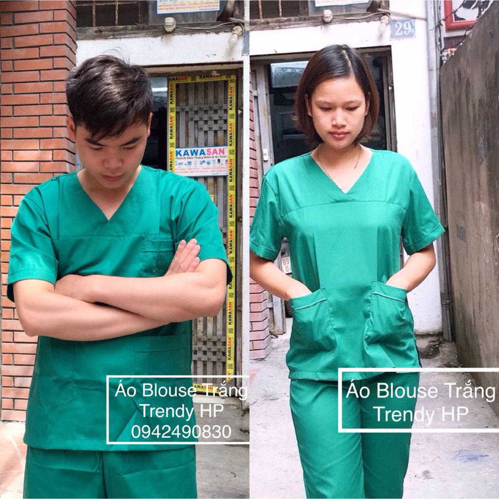 Áo cổ tim nam nữ xanh lá (chưa gồm quần và mũ) áo blouse đồng phục kỹ thuật viên bệnh viện, thẩm mỹ viện