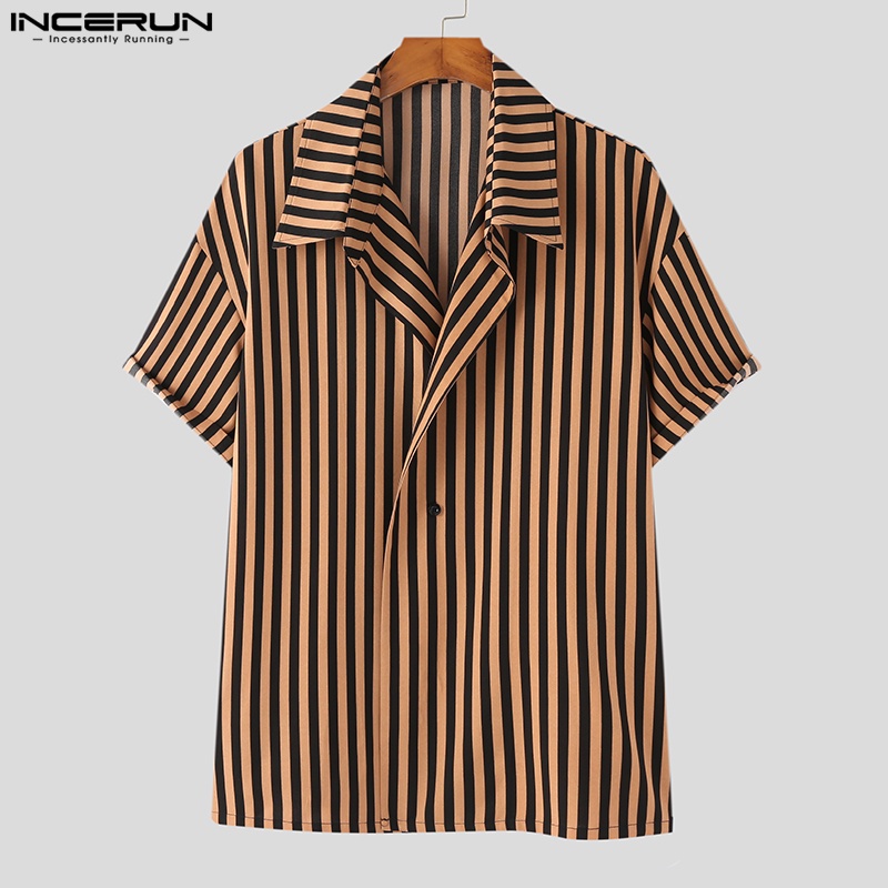 Áo sơ mi INCERUN tay ngắn cài nút họa tiết kẻ sọc phong cách Hàn Quốc trẻ trung thời trang dành cho nam