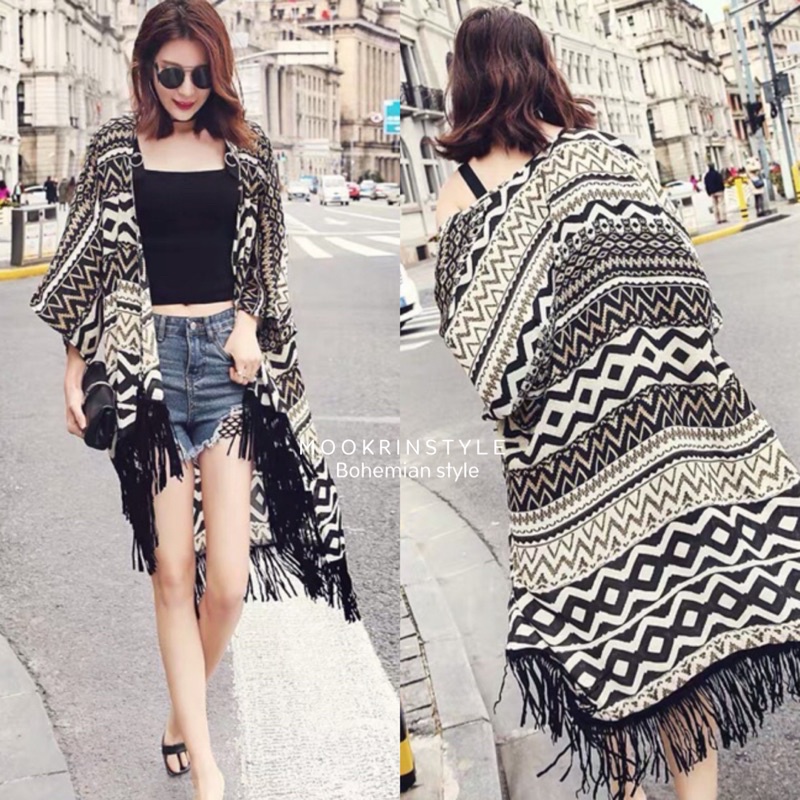 Áo khoác Bohemian Nam Nữ Màu Đen Có Thể Mặc Voan Cát Phong Cách Bohemian Thoải Mái Để Mookrinstyle