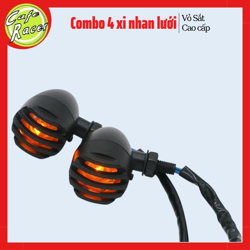 Combo 4 đèn xi nhan xe máy độ vỏ sắt xi đen có lưới bảo vệ cho xe classic CAFE RACER