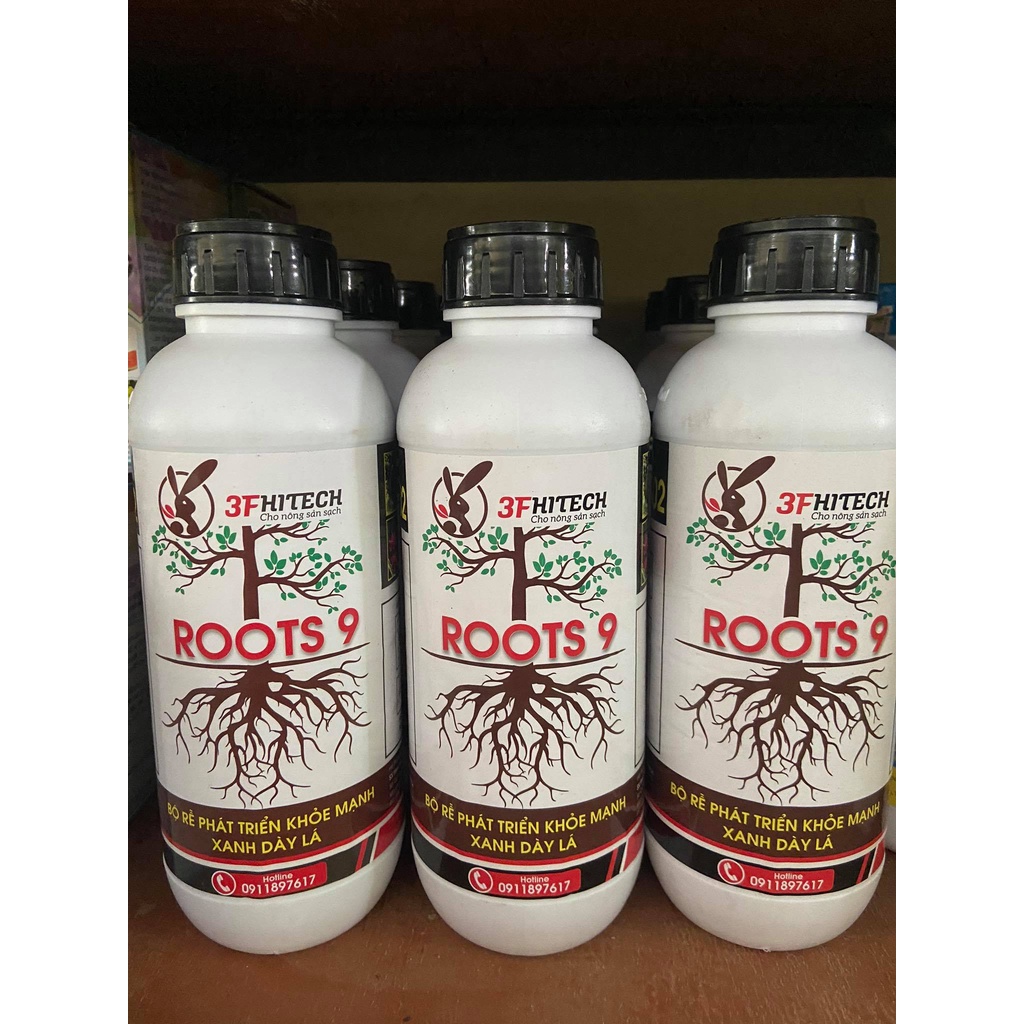 phân bón hữu cơ ROOTS 9 (chai 1 lít) siêu ra rễ, cải tạo đất tơi xốp, xanh lá, dày lá, phát đọt, nhập khẩu từ Mỹ.