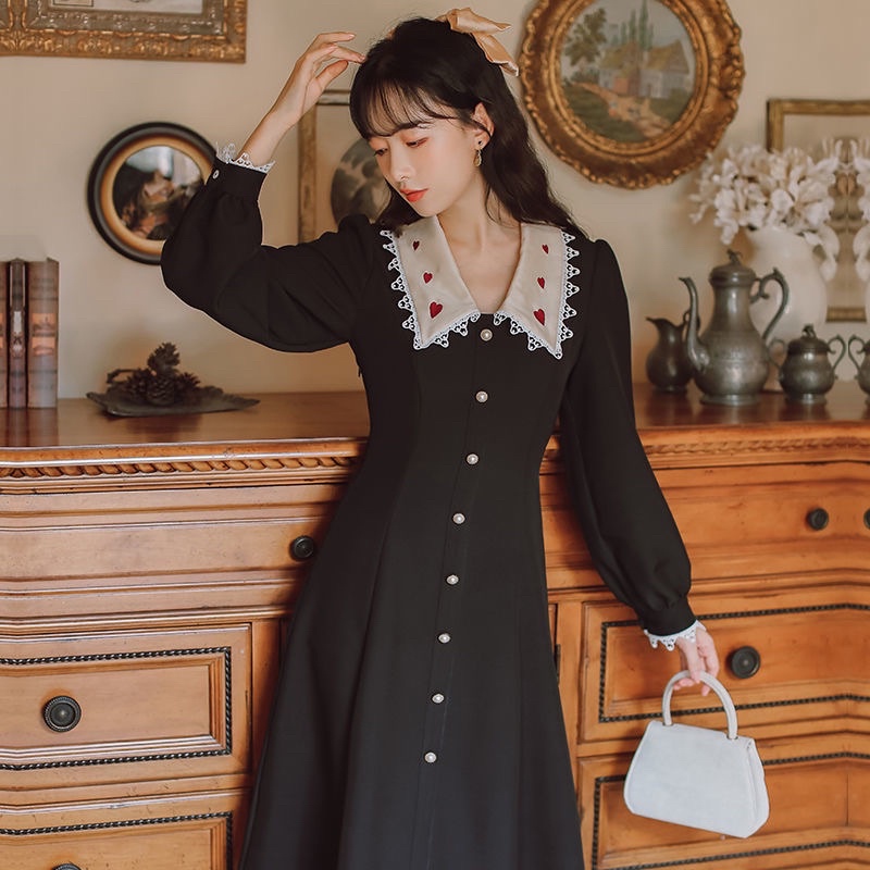 Đầm cổ búp bê nữ phong cách Retro Pháp thanh lịch hợp mùa xuân thu